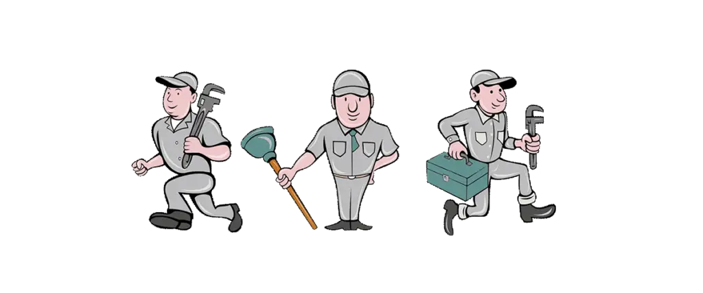An illustration of three cartoon characters representing different plumbing and repair service professionals.