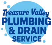 A logo for Treasure Valley Plumbing & Drain Service, featuring the company name in blue text with a blue circle around it and white bubbles.