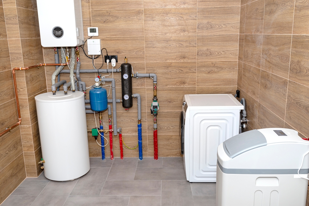 An image showing a utility room or basement with various plumbing fixtures, pipes, and a water heater installed on the wall.