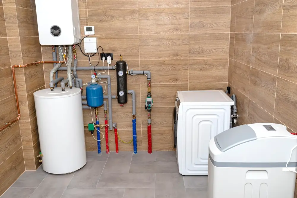 An image showing a utility room or basement with various plumbing fixtures, pipes, and a water heater installed on the wall.